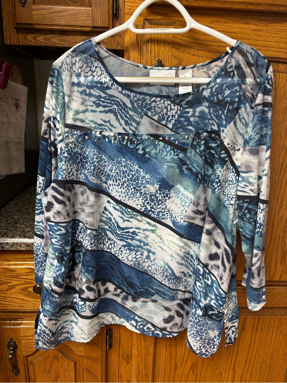 Alfred Dunner Blue Multi-Pattern Long Sleeve Top